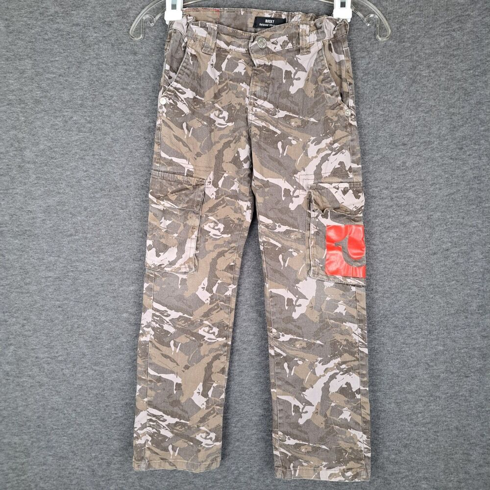 True Religion Boys Camo Cargo Pants in Tan and White with Orange Patch